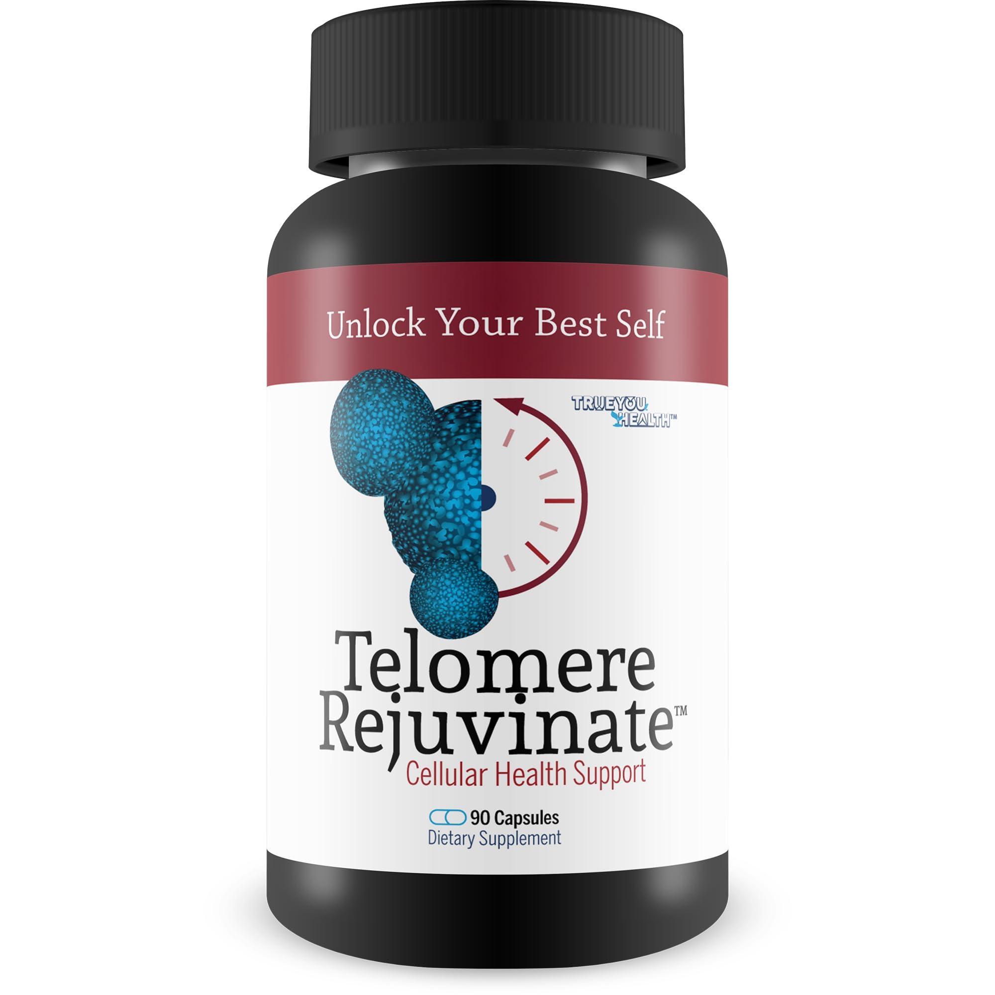 True You Health Telomere Rejuvenate bottle highlighting NAD+ blend for daily cellular vitality.