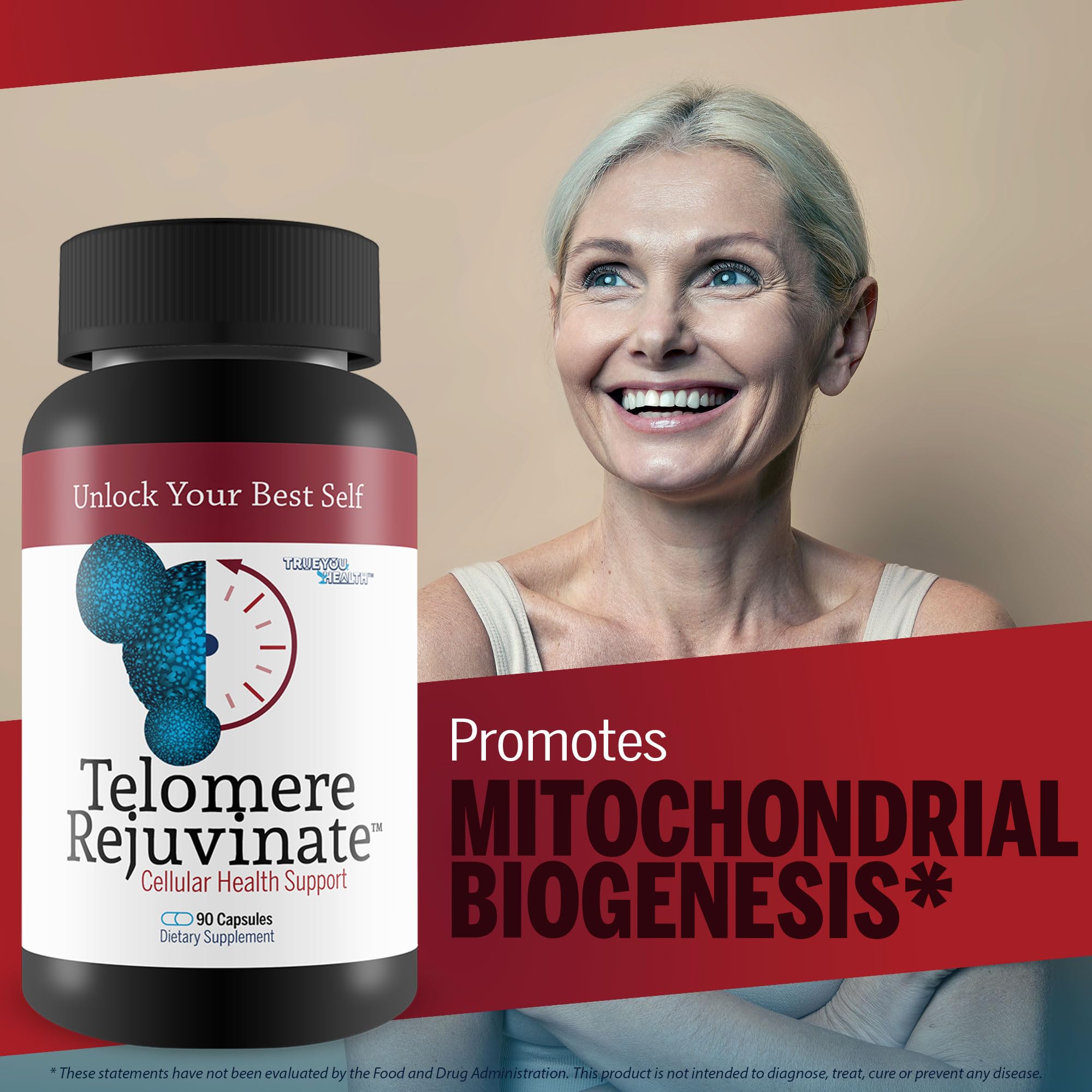 Dosage close-up of Telomere Rejuvenate noting 2048 mg NAD+ per serving.