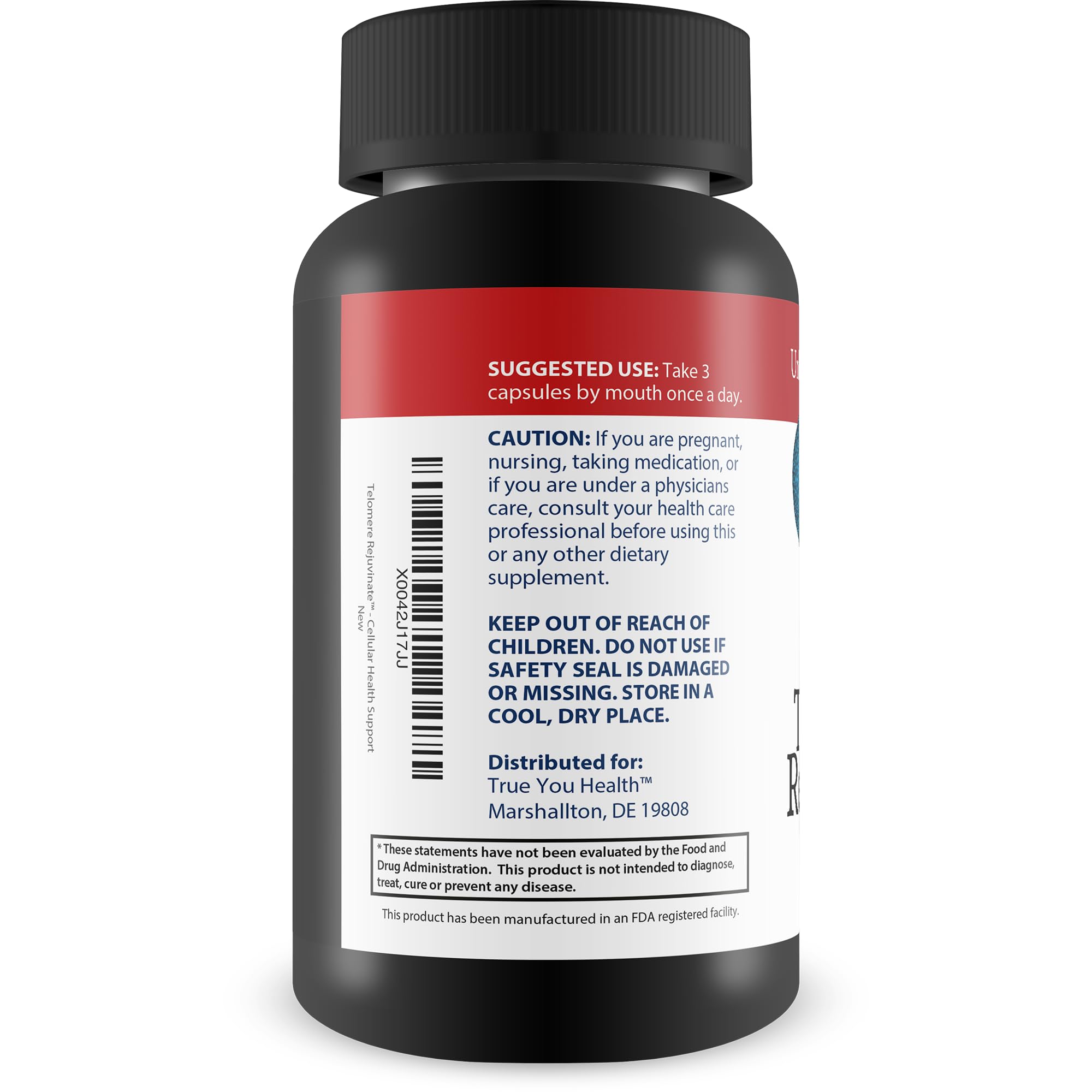 Close-up of Telomere Rejuvenate label design showcasing USA‑made quality.