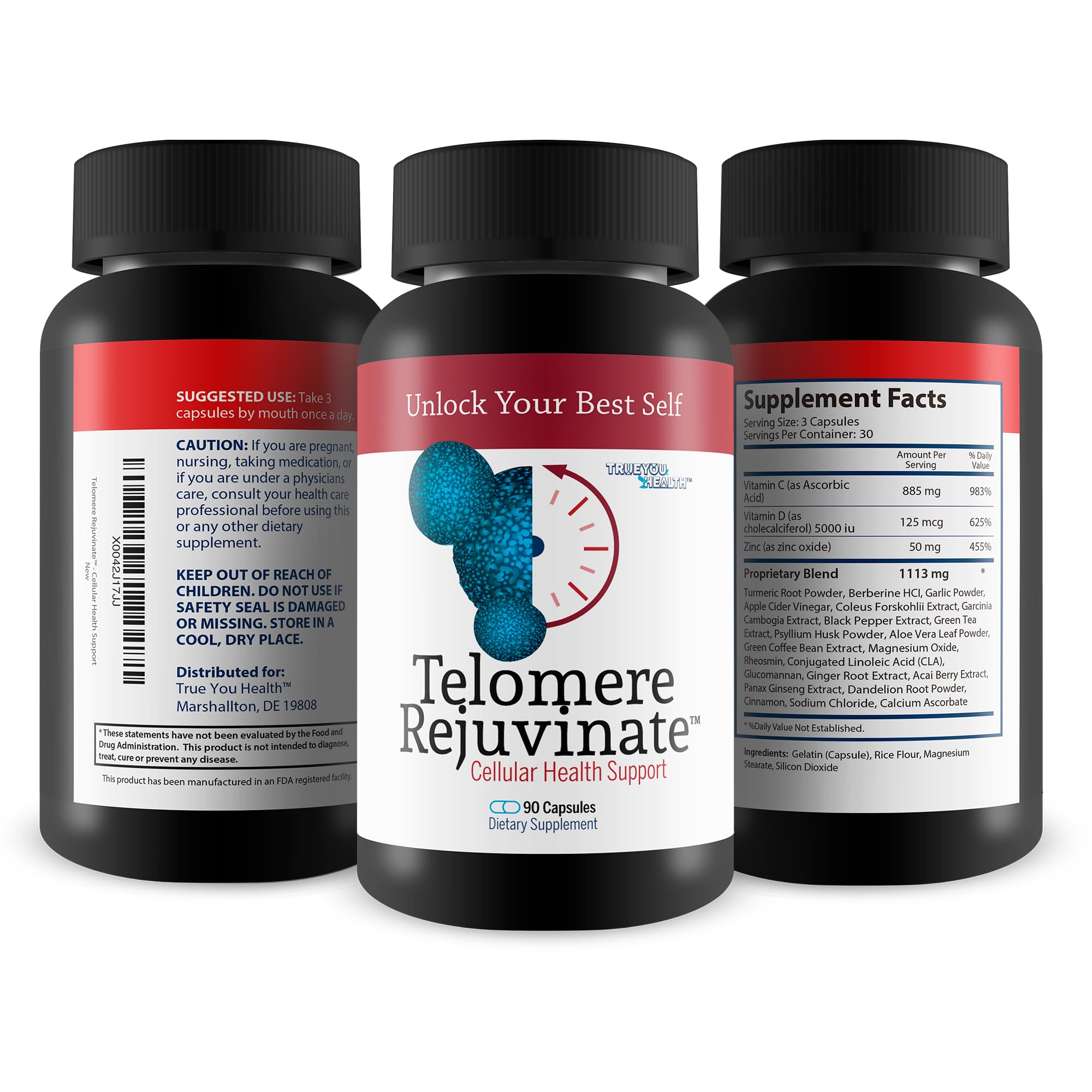 Pour shot of Telomere Rejuvenate capsules from the bottle for daily intake ritual.