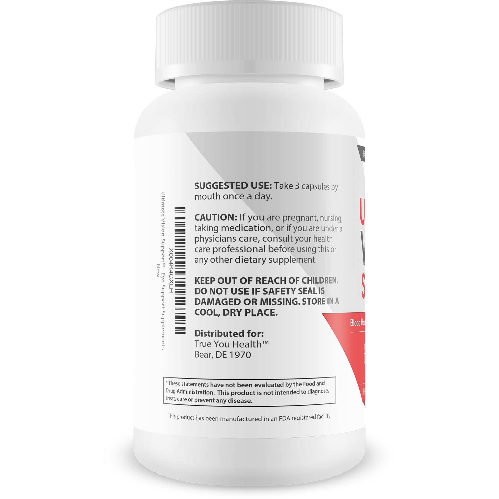 True You Health Ultimate Vision Support label detail highlights key lutein and zeaxanthin ingredients.