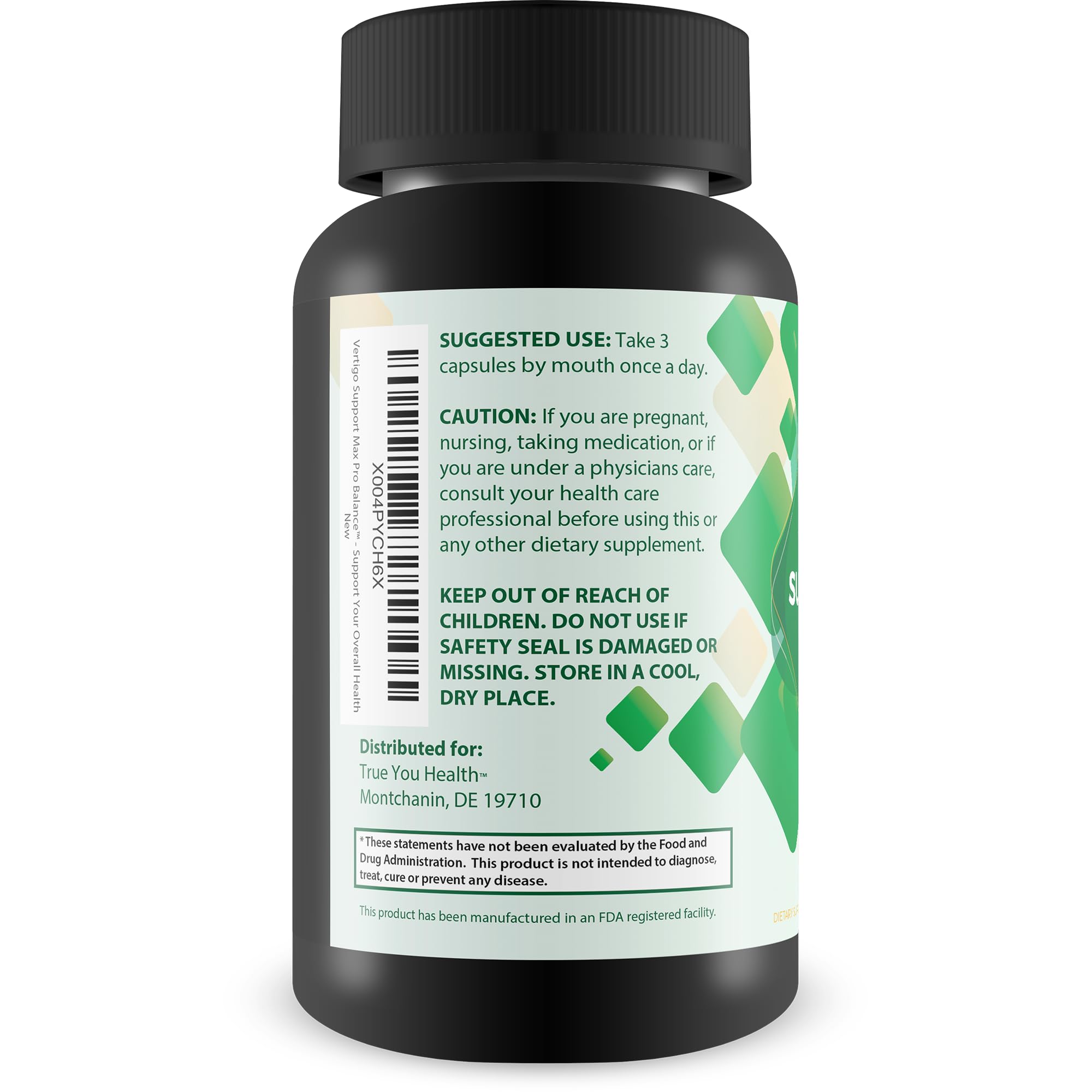 True You Health Vertigo Support Max Pro Balance ingredient panel featuring ginger and turmeric.