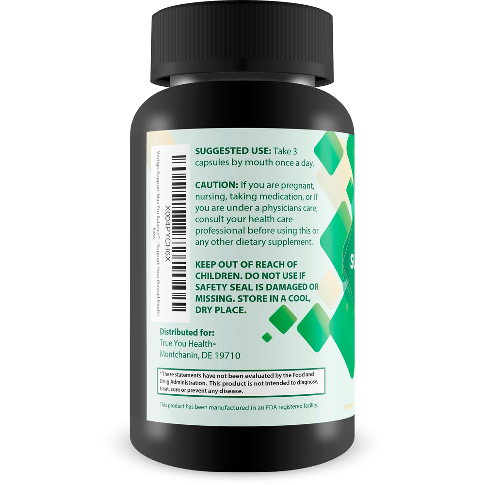 True You Health Vertigo Support Max Pro Balance ingredient panel featuring ginger and turmeric.