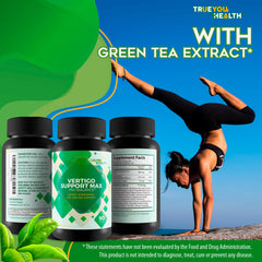 True You Health Vertigo Support Max Pro Balance tablet with a glass of water for daily use.