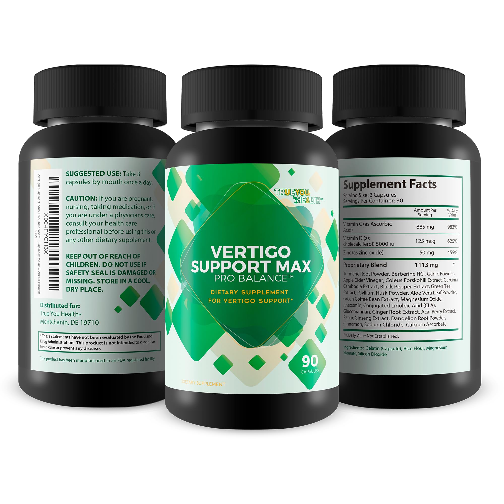 True You Health Vertigo Support Max Pro Balance tablets dispensed into a clean serving.