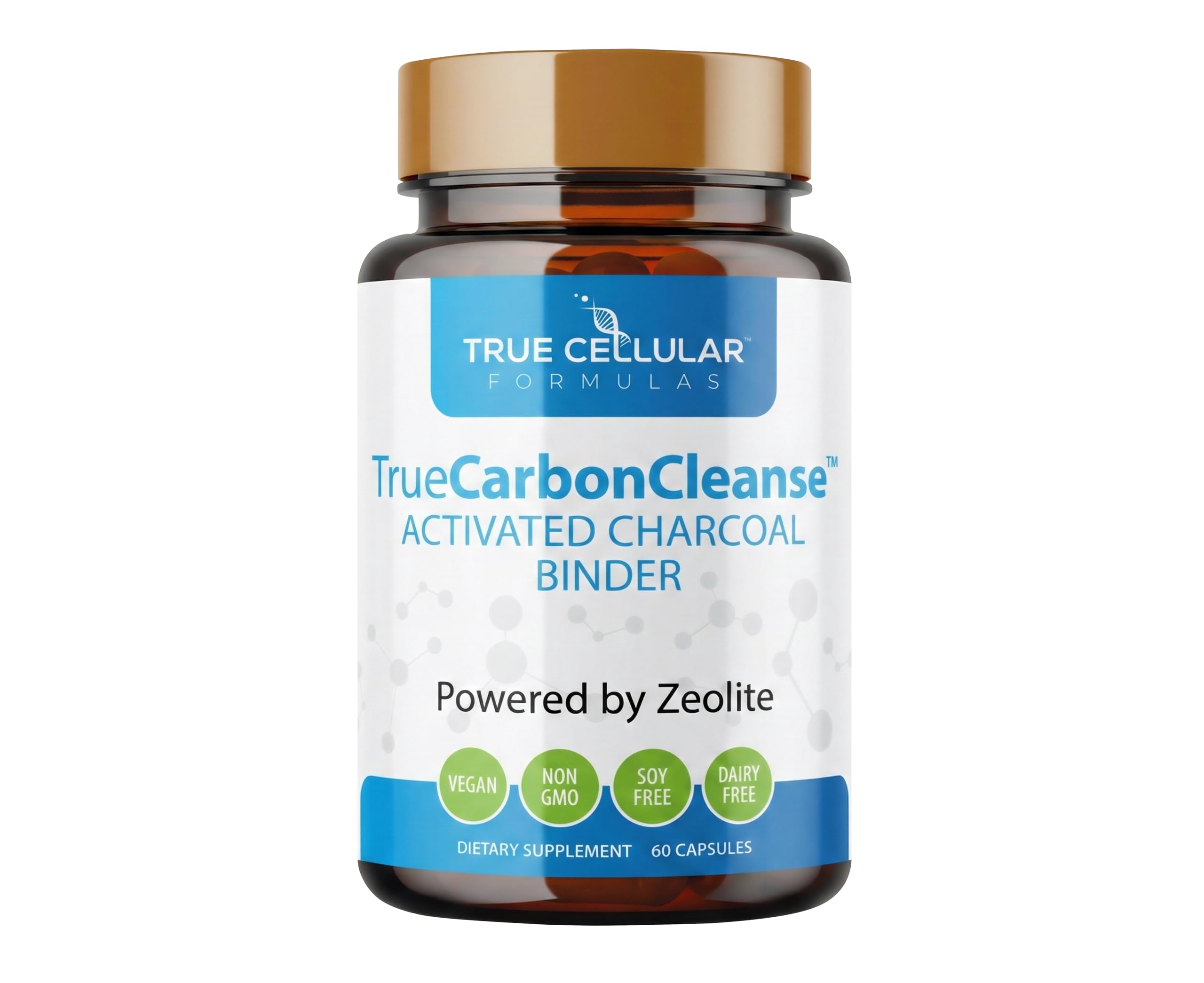 TrueCarbonCleanse bottle close-up showing capsules for daily wellness support