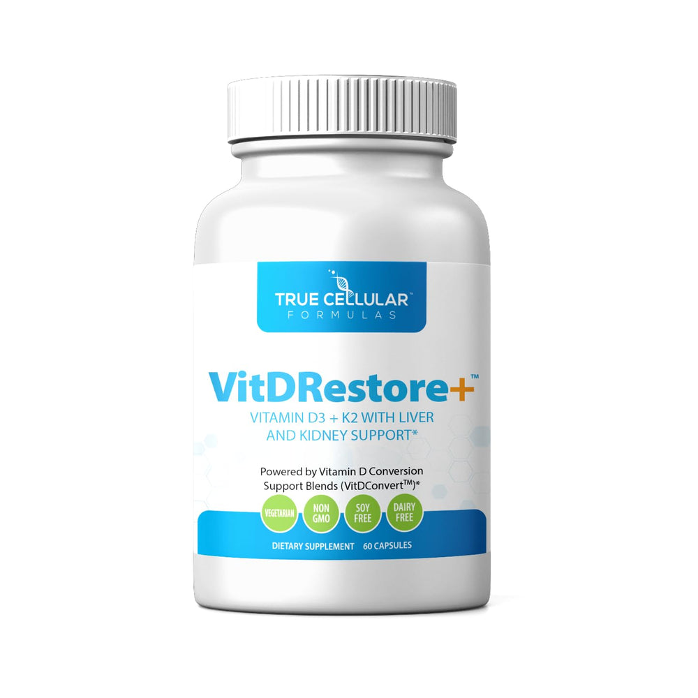 True Cellular Formulas VITDRestore+ bottle pour promotes daily vitamin D3 and K2 intake.