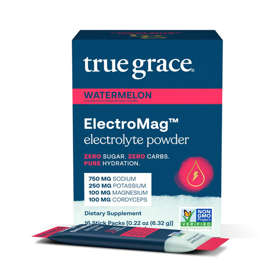 True Grace ElectroMag Watermelon stick pack ready to mix for hydration.