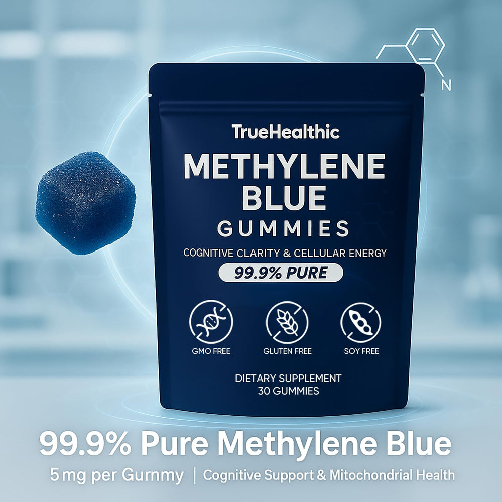 TRUEHEALTHIC Methylene Blue Gummies blue raspberry close up shows tasty flavor