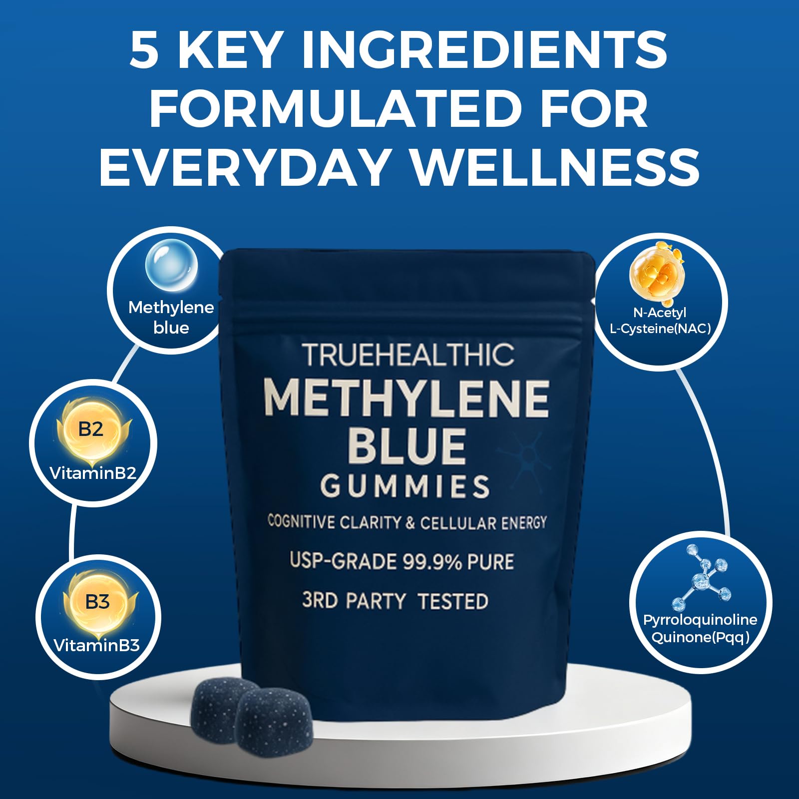 TRUEHEALTHIC Methylene Blue Gummies blue raspberry flavor close-up highlighting easy-to-chew texture.