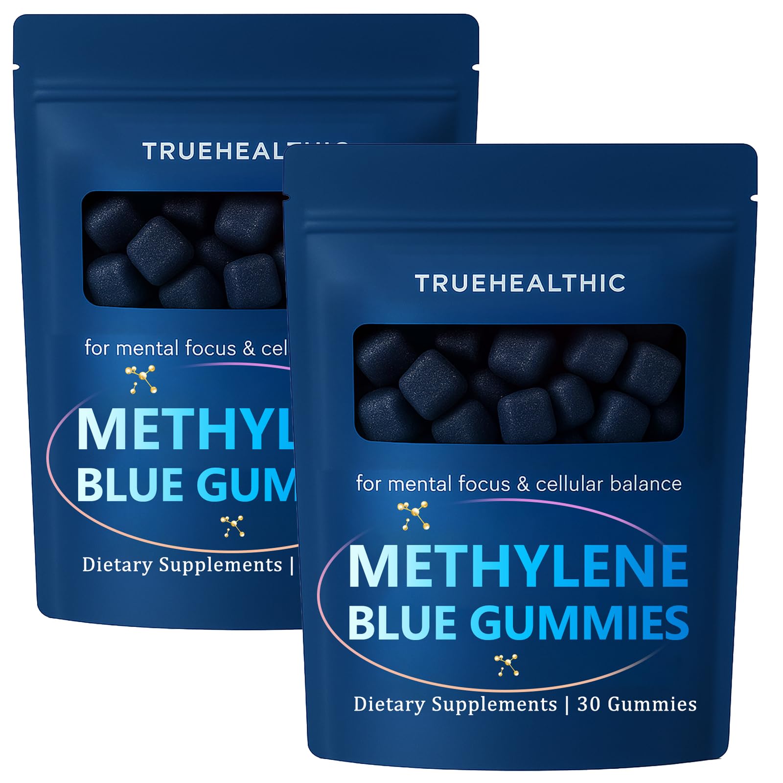 Truehealthic Methylene Blue Gummies bottle front highlights vegan, clean-label formula