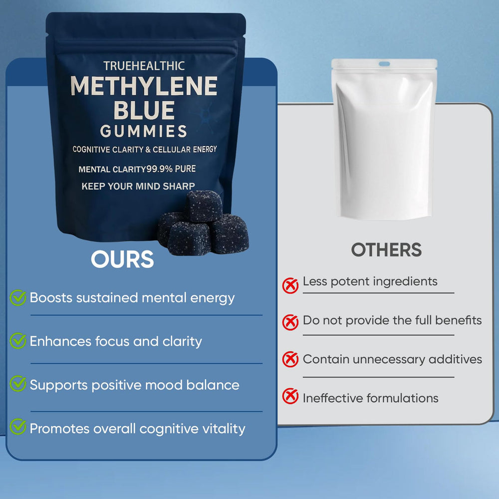 TRUEHEALTHIC Methylene Blue Gummies bottle on shelf with cognitive support cues