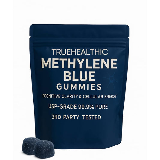 TRUEHEALTHIC Methylene Blue Gummies bottle showing vegan formula for daily focus.