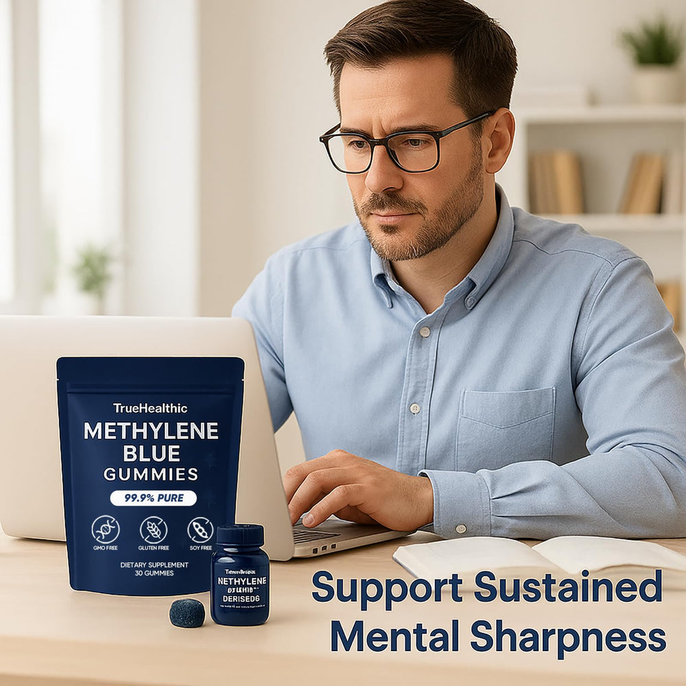 TRUEHEALTHIC Methylene Blue Gummies lifestyle scene suggesting focus and mood support