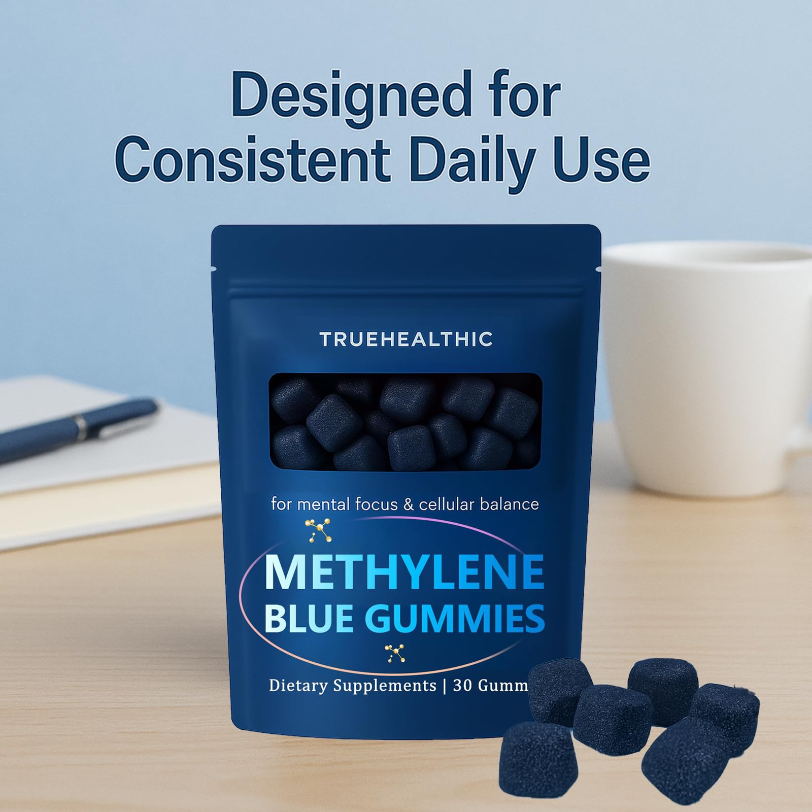 Truehealthic Methylene Blue Gummies no artificial colors or flavors shown