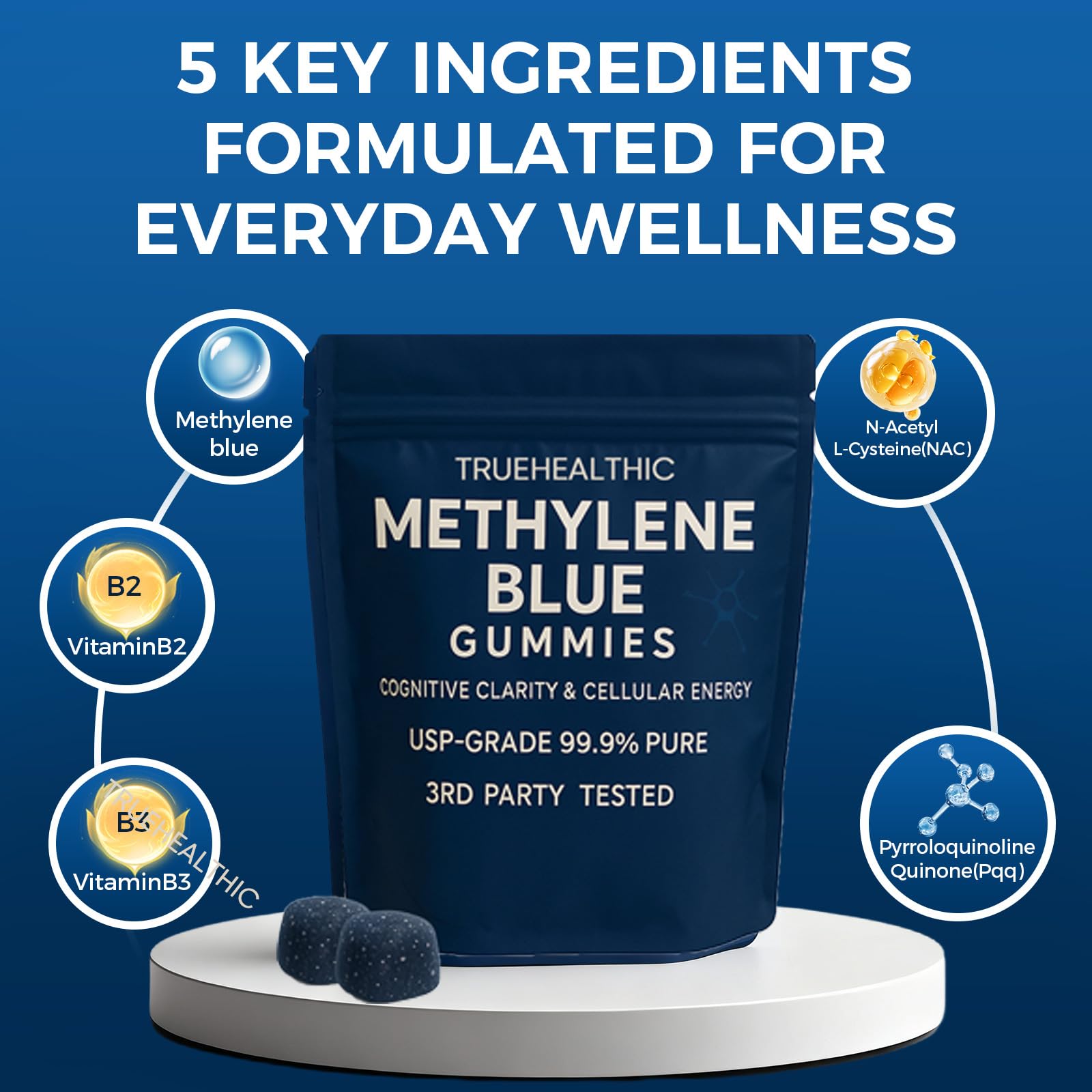 TRUEHEALTHIC Methylene Blue Gummies packaging interior highlights clean label
