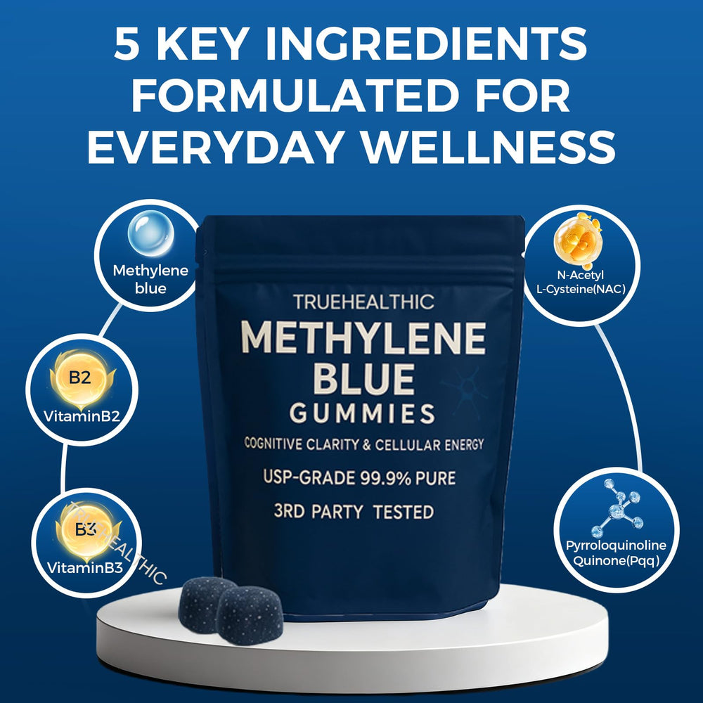 TRUEHEALTHIC Methylene Blue Gummies packaging interior highlights clean label