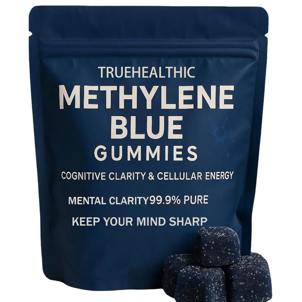 TRUEHEALTHIC Methylene Blue Gummies pack front showing 30-count bottle for sustained energy