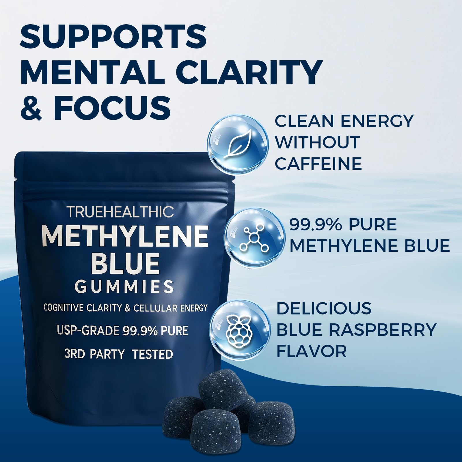 TRUEHEALTHIC Methylene Blue Gummies raspberry flavor close-up for easy chewing.