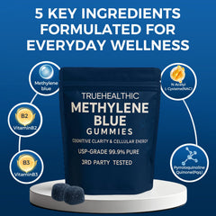 TRUEHEALTHIC Methylene Blue Gummies vegan, non-GMO label on bottle.