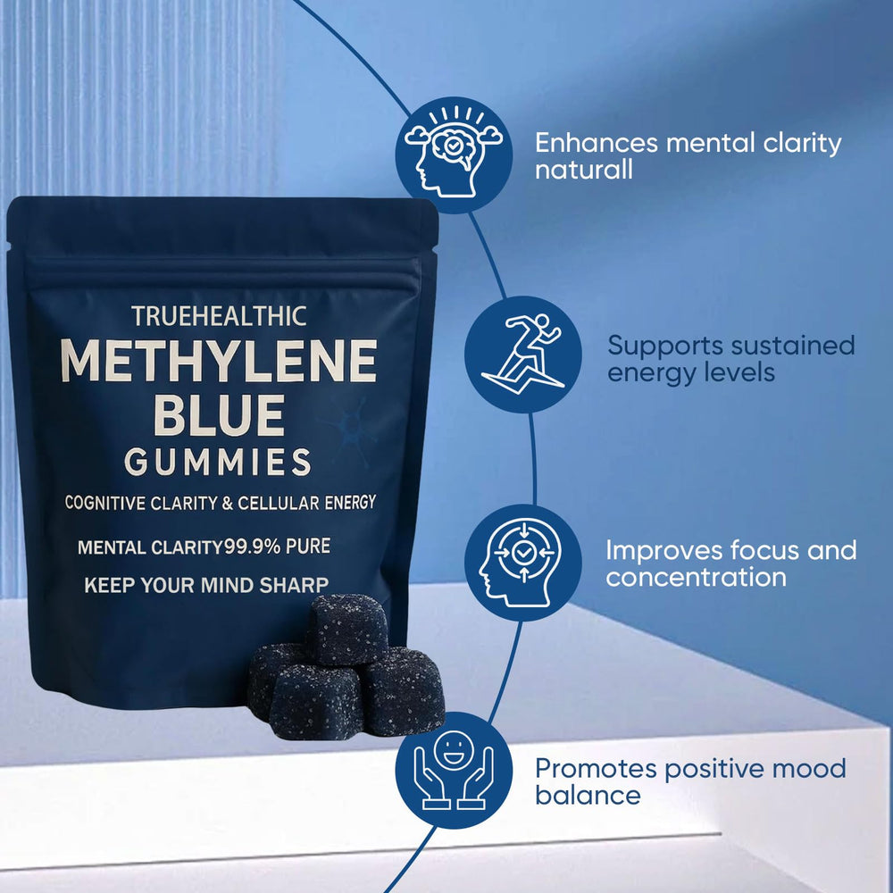 TRUEHEALTHIC Methylene Blue Gummies on wood surface suggesting daily routine