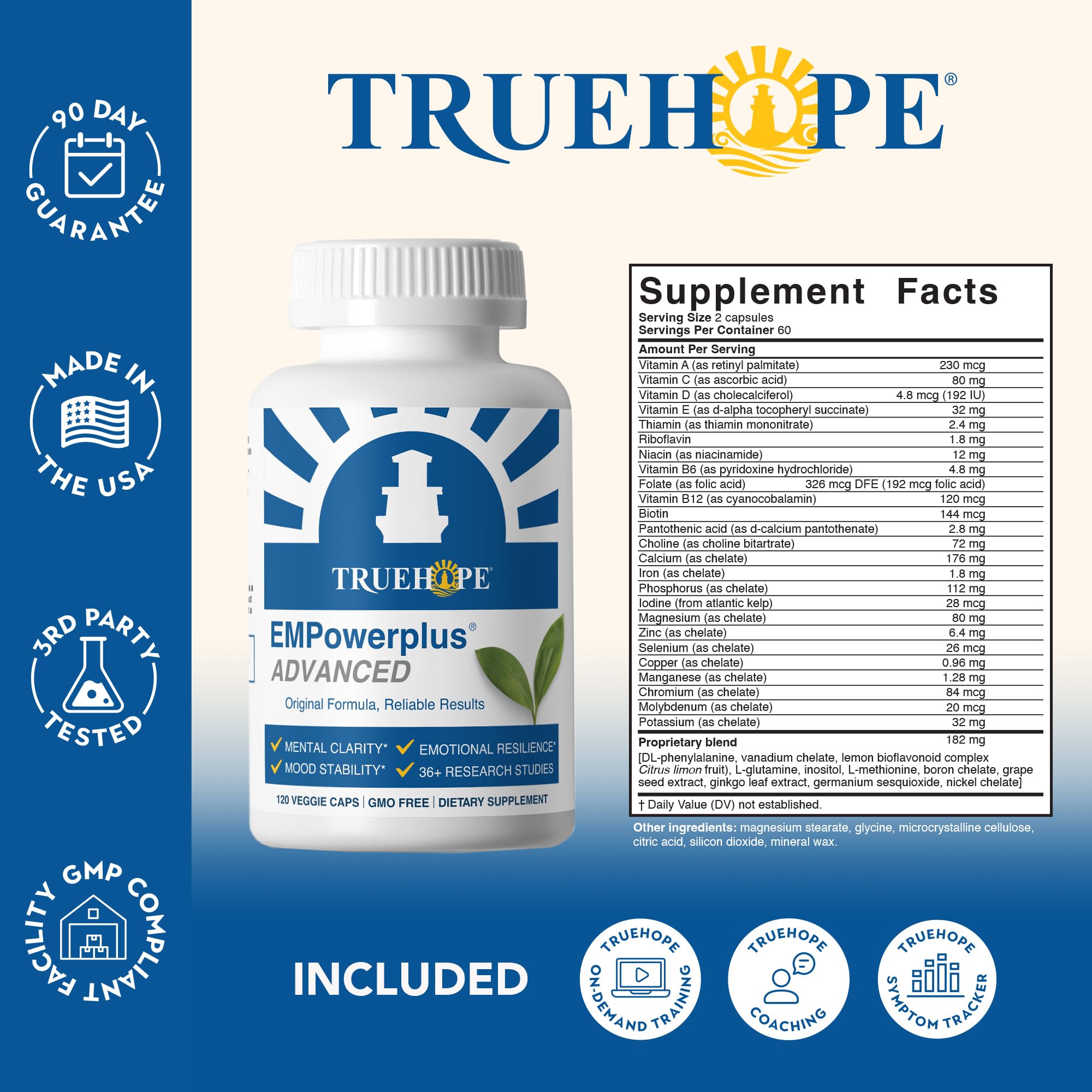 Truehope brand logo on the EMPowerplus bottle for trusted nutrition.