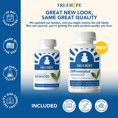 Close-up of Truehope EMPowerplus capsules highlighting the high absorption formula.