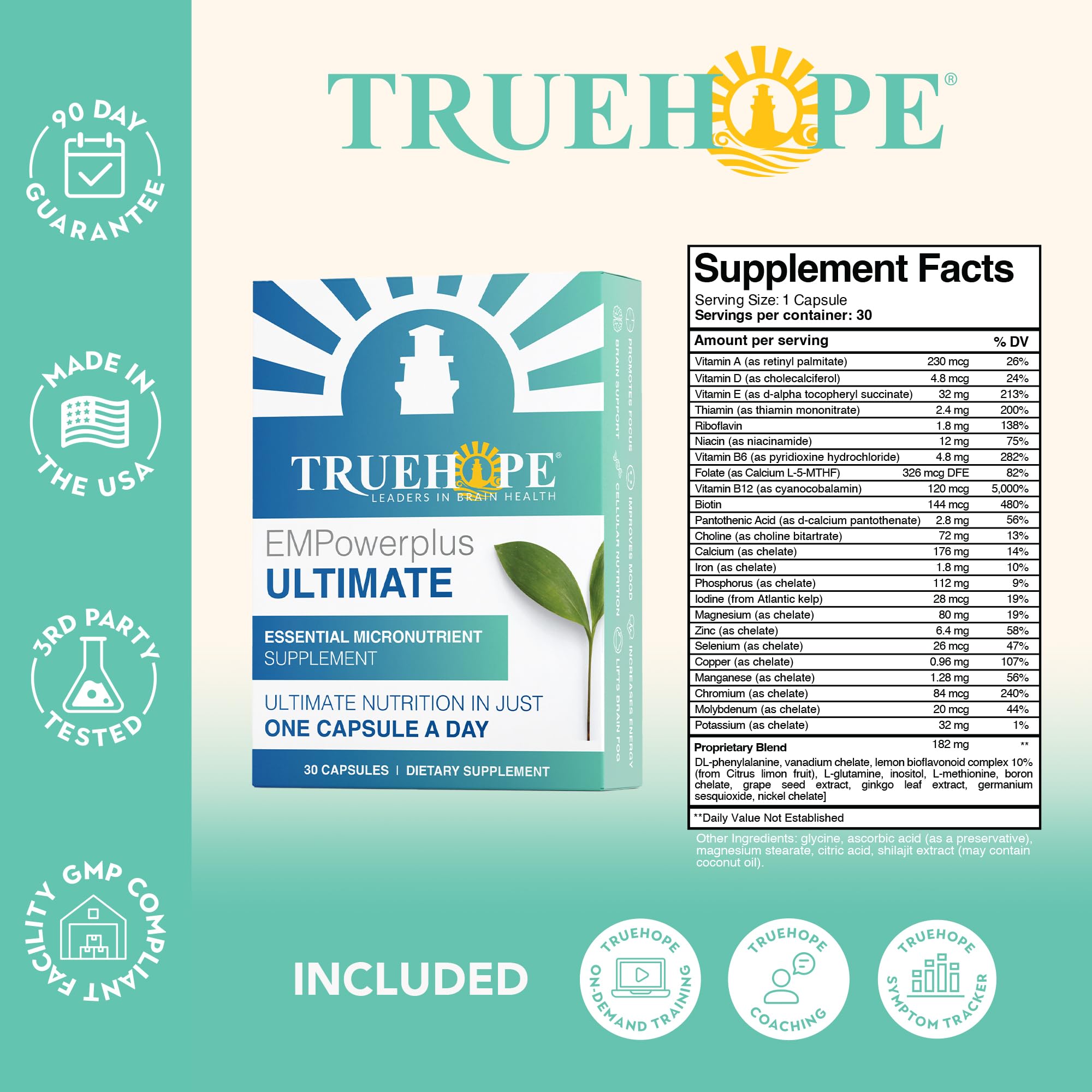 Truehope EMPowerplus Ultimate bottle back with ingredients and serving details for absorption.