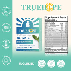Truehope EMPowerplus Ultimate bottle back with ingredients and serving details for absorption.