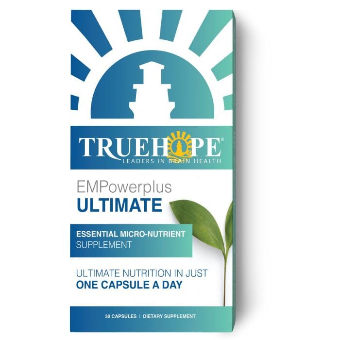 Truehope EMPowerplus Ultimate bottle front shows daily brain support potential.
