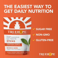 Truehope EMPowerPlus Ultimate Sticks bottle label emphasizes neuro-support nutrients.