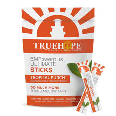 Truehope EMPowerPlus Ultimate Sticks tropical bottle for daily cognitive support on the go.