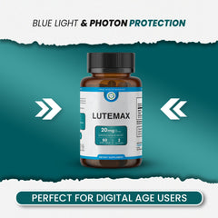 TRUEMED Lutemax 20mg blue light protection graphic illustrating screen safety.