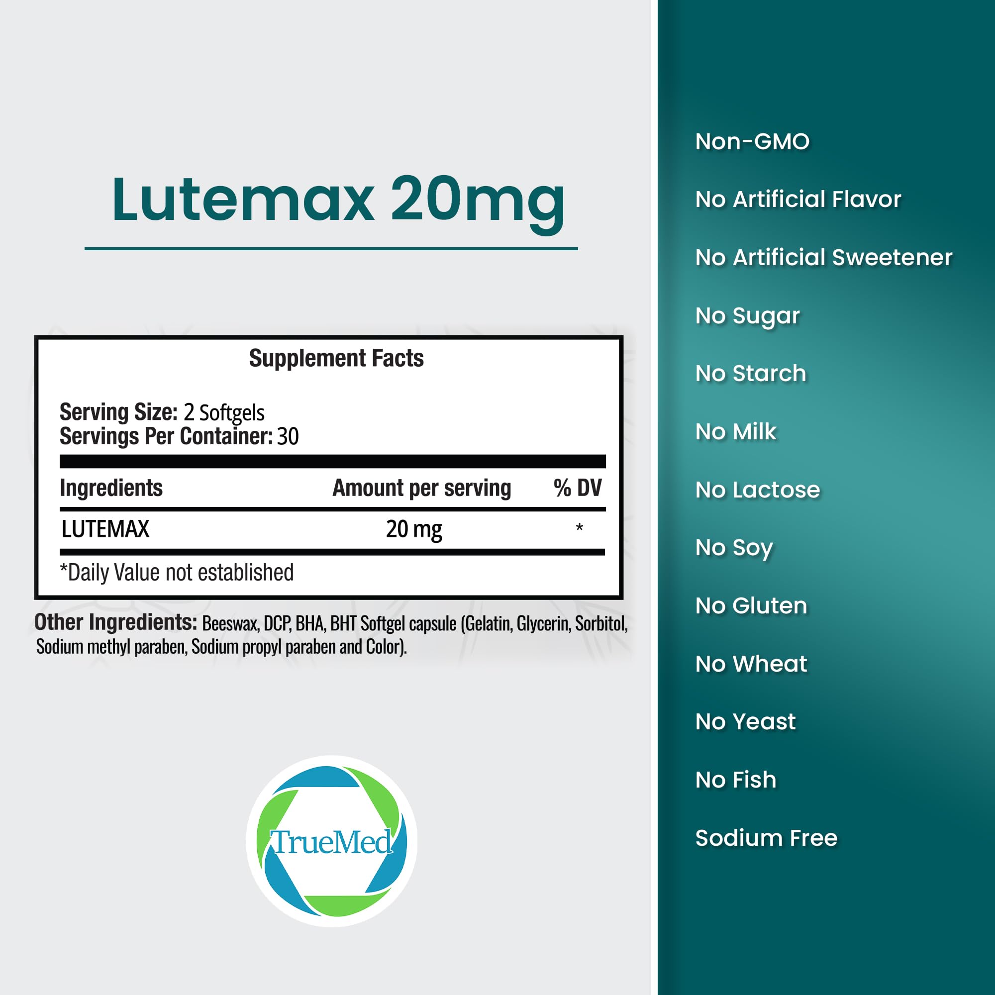 TRUEMED Lutemax 20mg softgels close-up showing easy-to-swallow capsules.