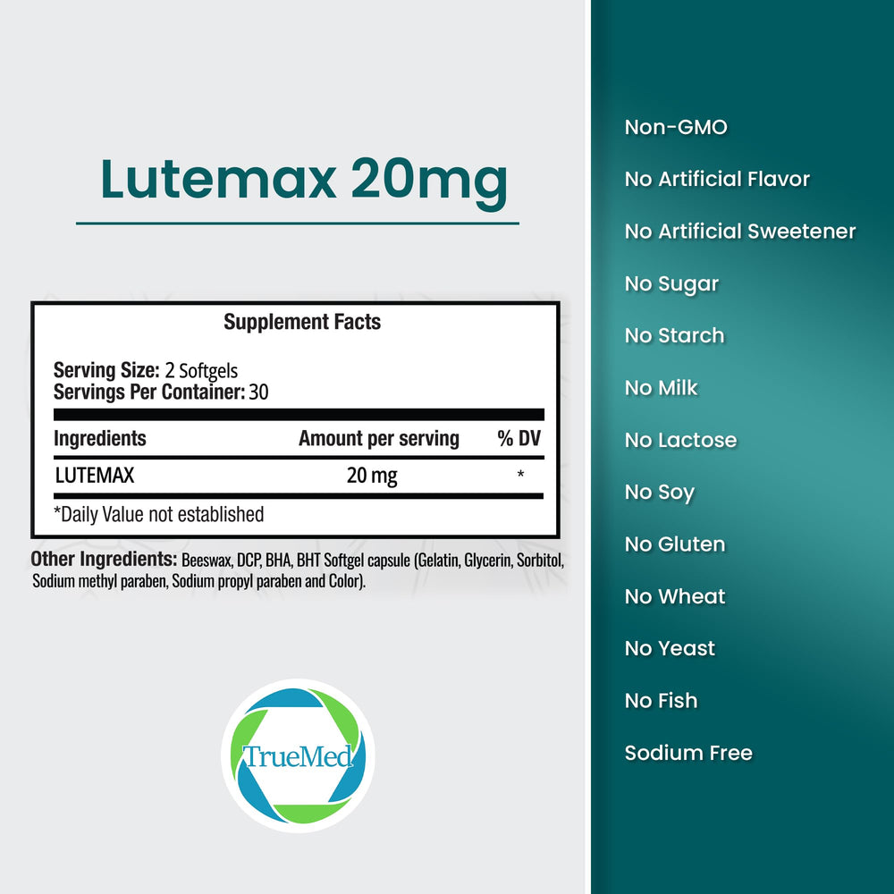 TRUEMED Lutemax 20mg softgels close-up showing easy-to-swallow capsules.