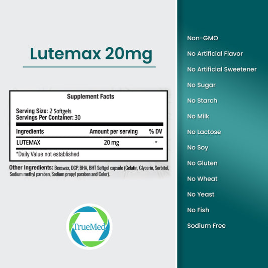 TRUEMED Lutemax 20mg softgels close-up showing easy-to-swallow capsules.