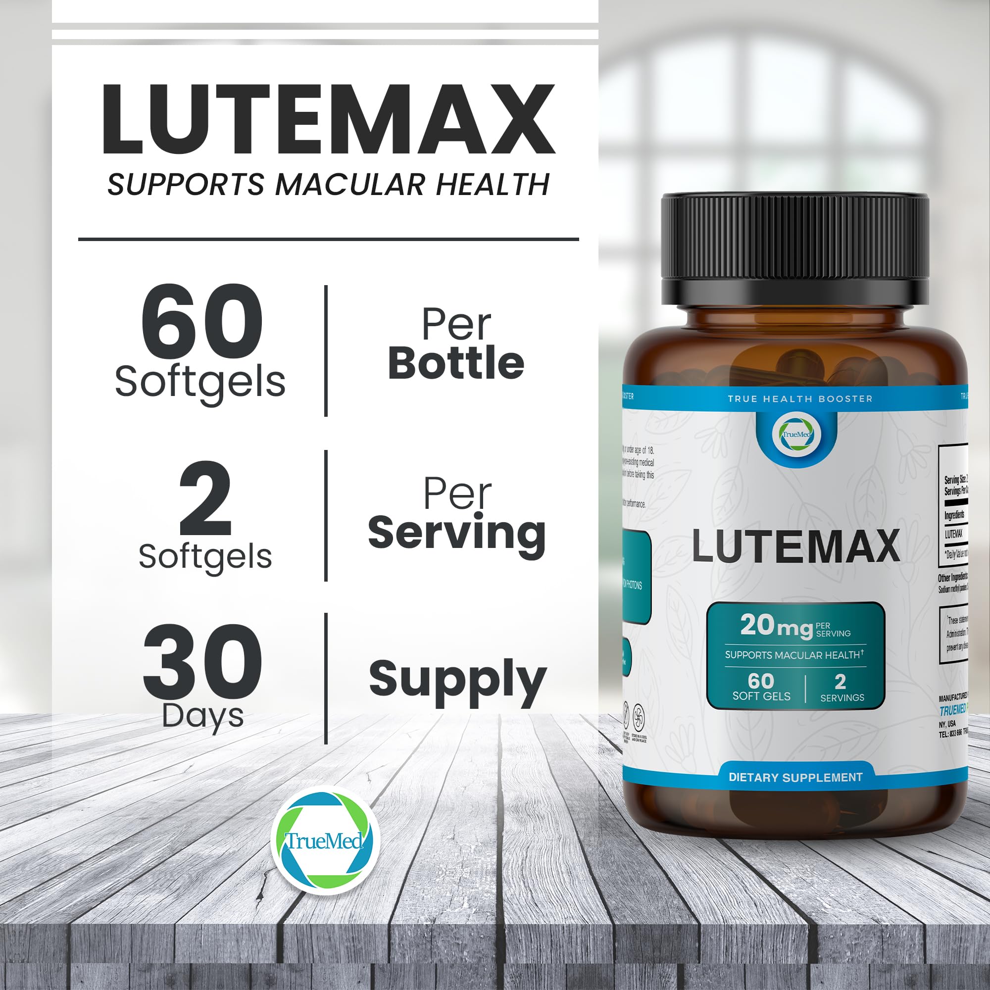 TRUEMED Lutemax 20mg softgels in hand indicating convenient daily supplementation.