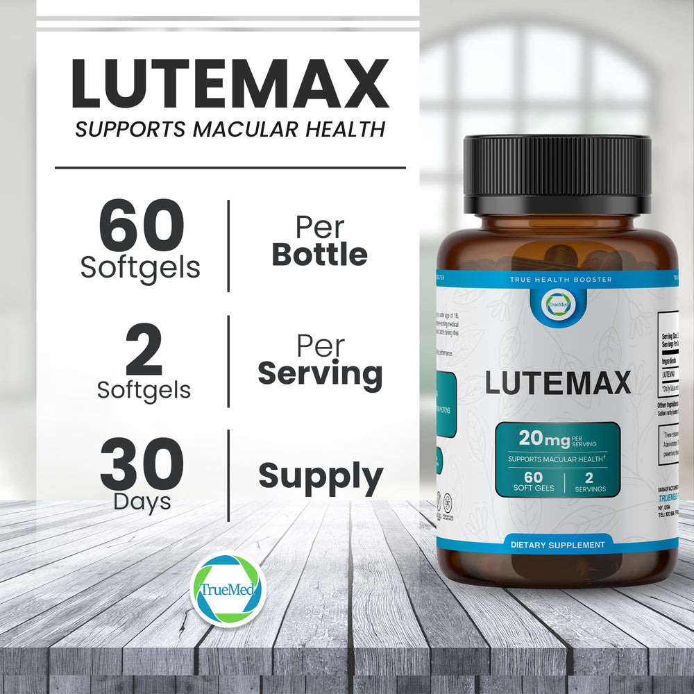 TRUEMED Lutemax 20mg softgels in hand indicating convenient daily supplementation.