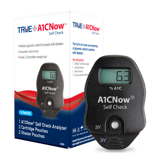 TRUEplus A1C Self Check 2ct Kit packaging highlights compact, ready-to-use home testing.