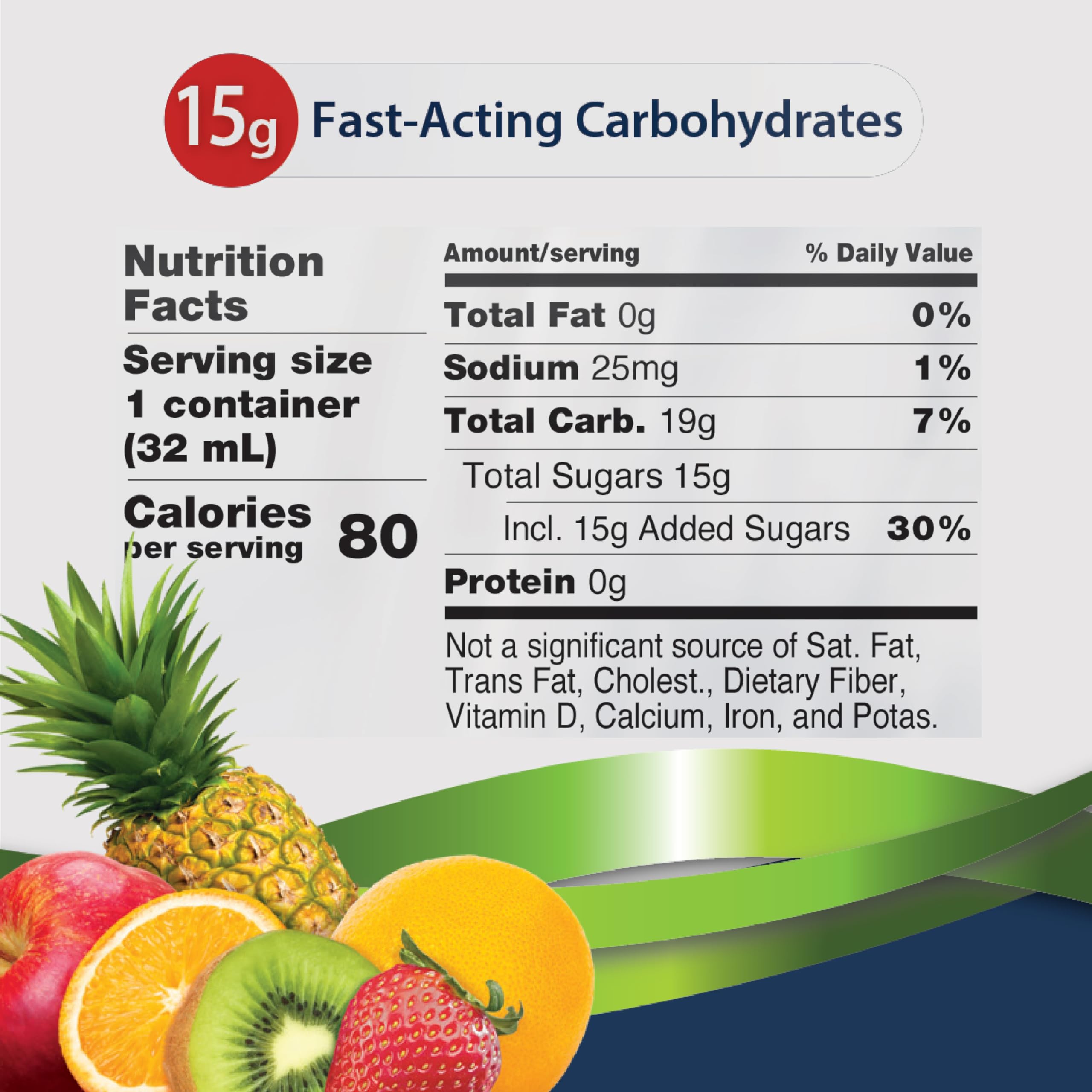 TRUEplus Glucose Gel Fruit Punch serving shows 15g of fast carbs
