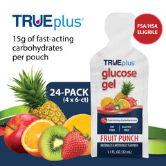 TRUEplus Glucose Gel Fruit Punch label showing 15 g carbs per serving.