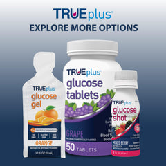 TRUEplus Glucose Gel Fruit Punch pack displayed for travel use