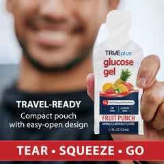 TRUEplus Glucose Gel Fruit Punch packaging on shelf in display