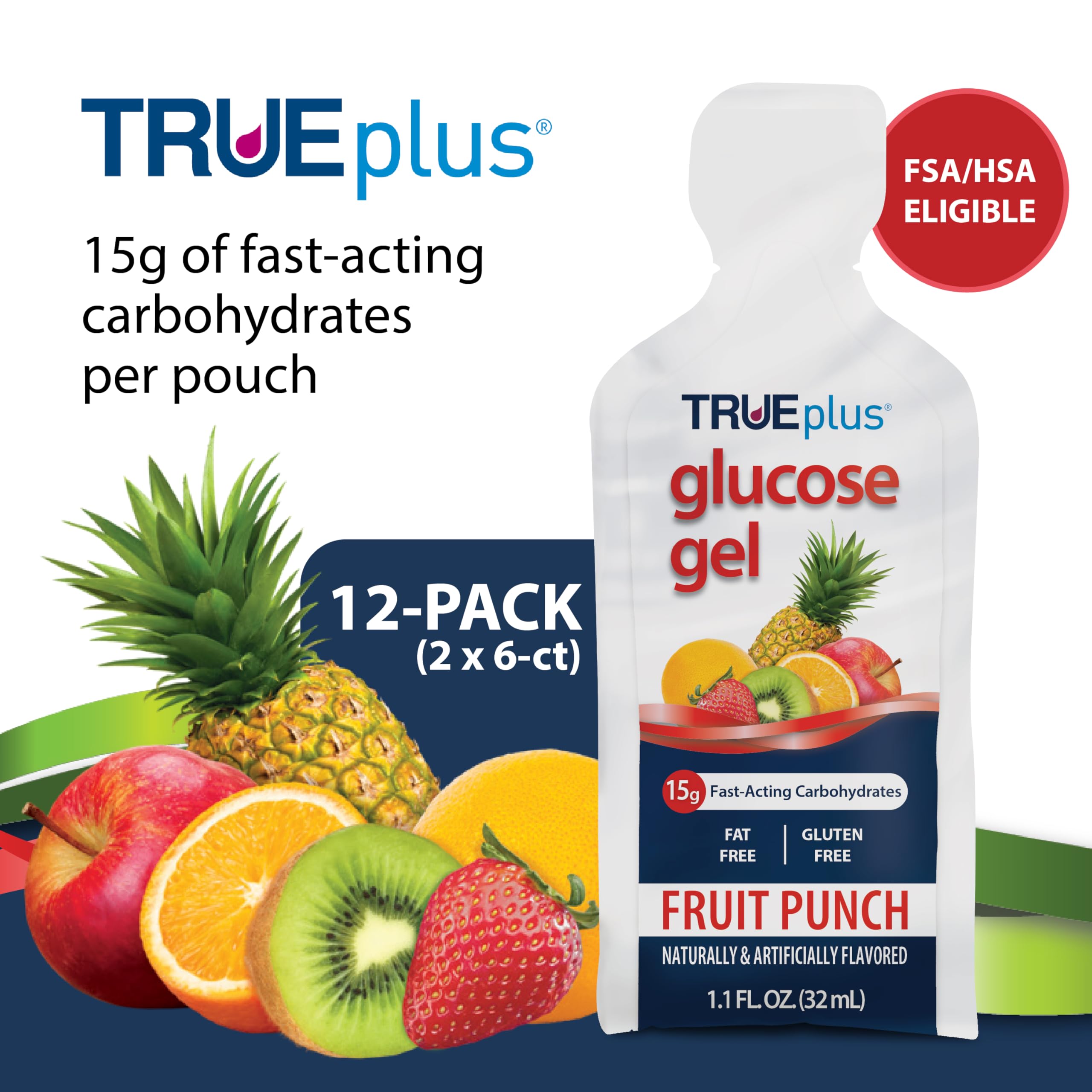 TRUEplus Glucose Gel Fruit Punch pouch open and ready to squeeze