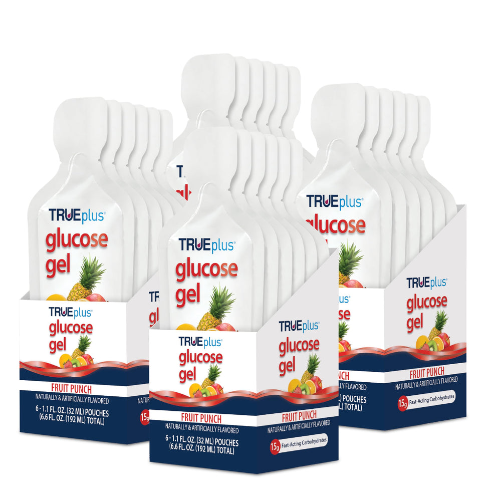 TRUEplus Glucose Gel Fruit Punch pouch ready for on-the-go energy.