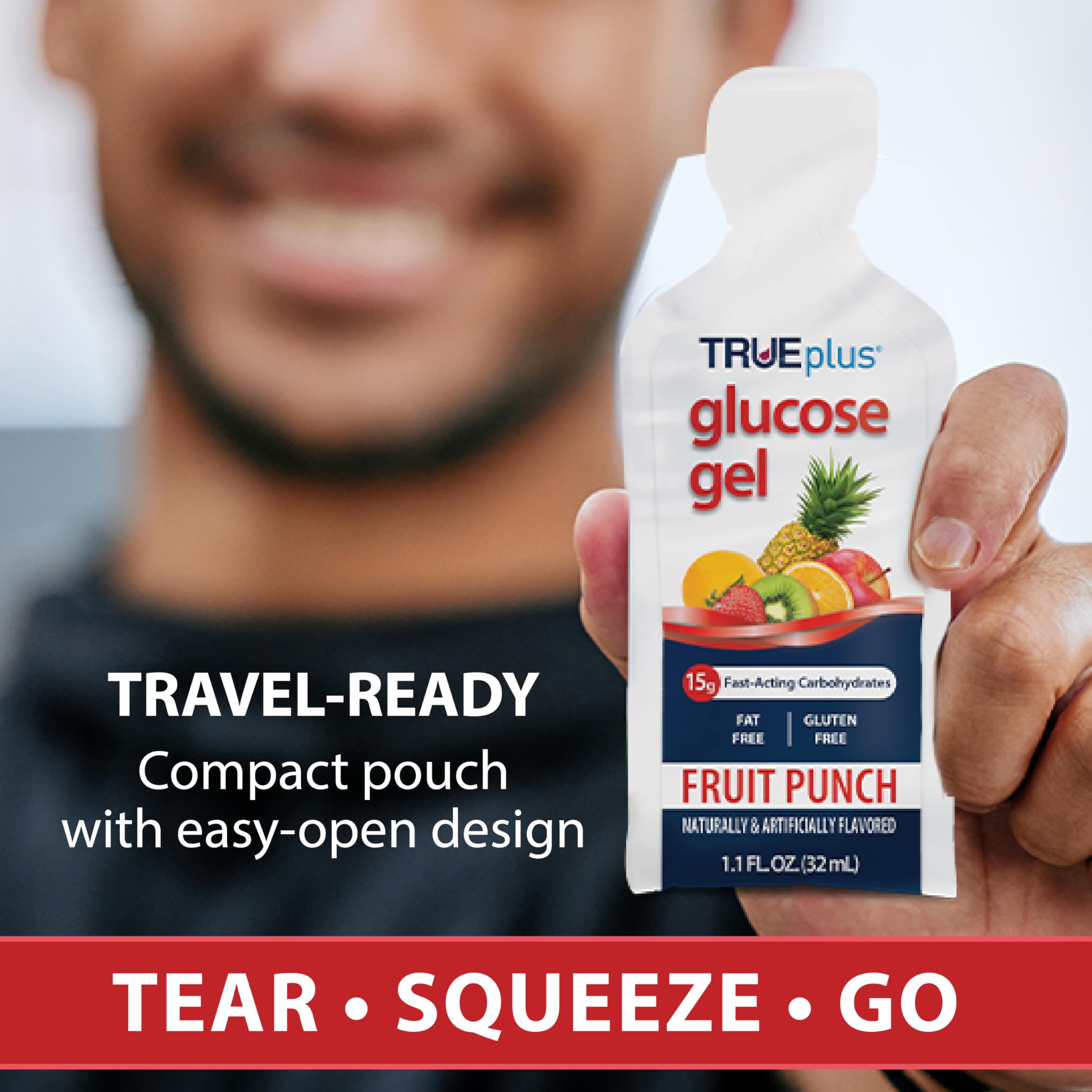 TRUEplus Glucose Gel Fruit Punch pouring action for quick consumption.