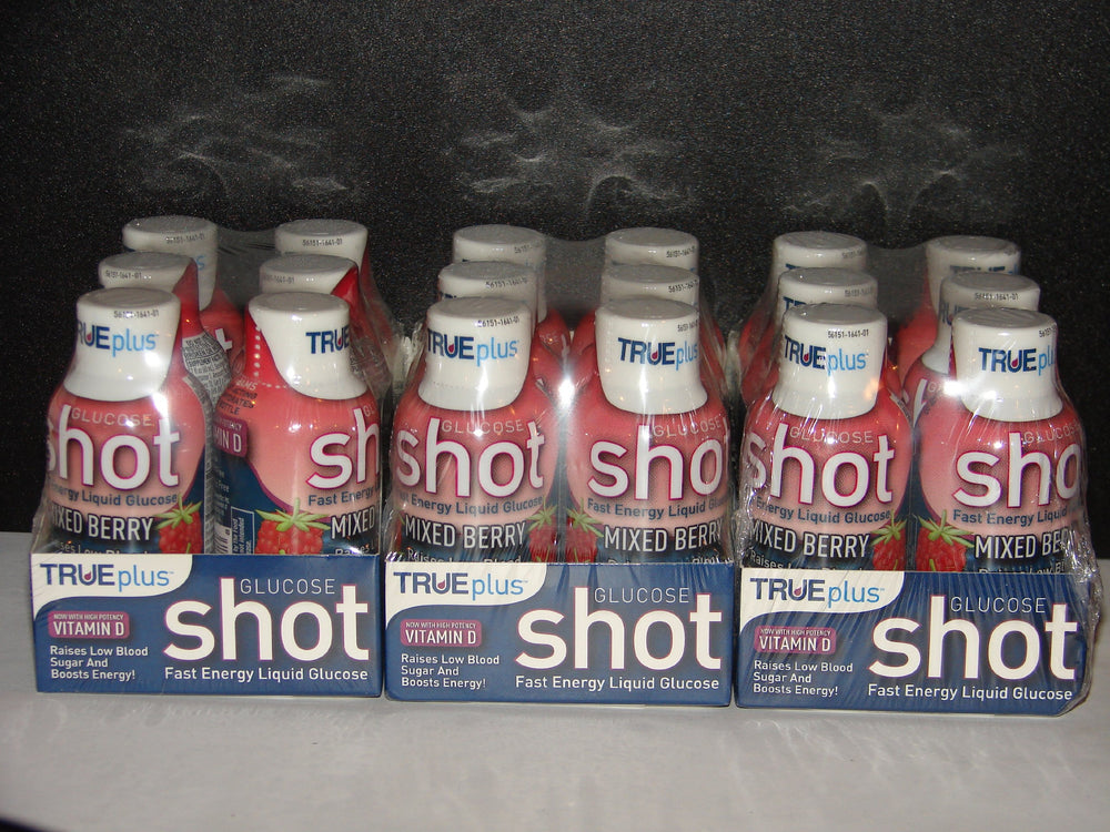 TRUEplus Glucose Liquid Shots bottle in Mixed Berry flavor, 2oz, for quick energy on the go