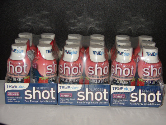 TRUEplus Glucose Liquid Shots bottle in Mixed Berry flavor, 2oz, for quick energy on the go