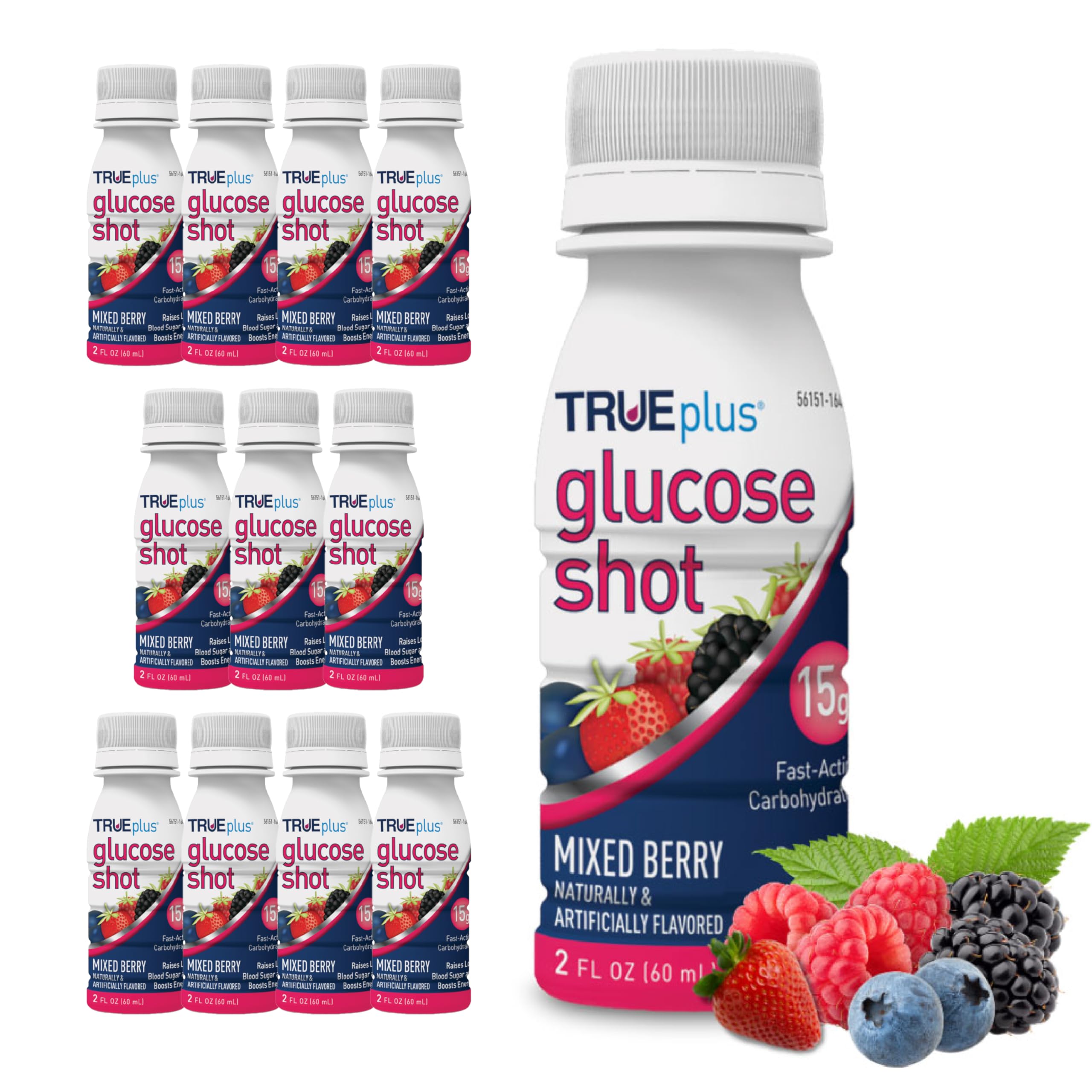 TRUEplus Glucose Shot Mixed Berry bottle showing 15g fast-acting carbs for quick energy.