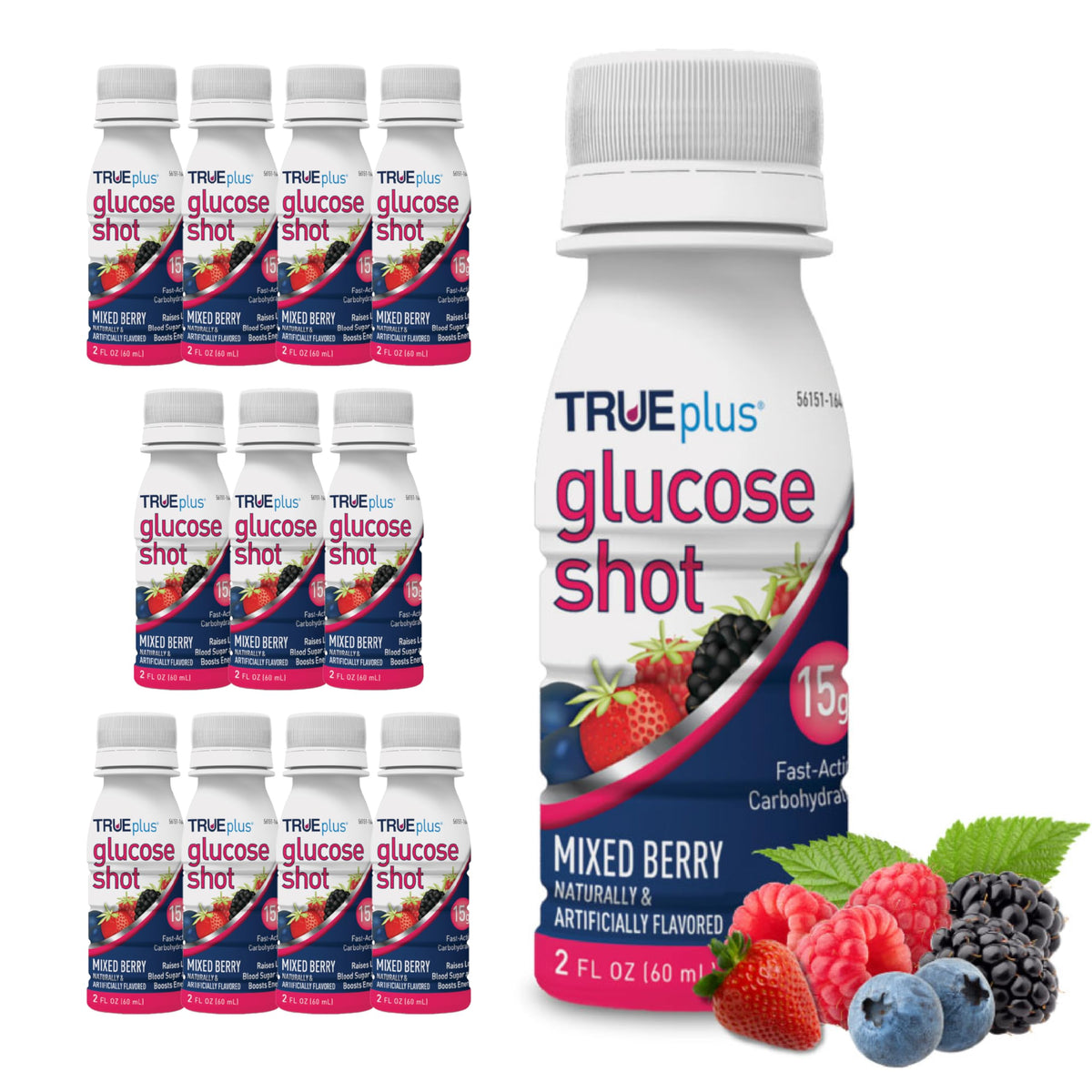 TRUEplus Glucose Shot Mixed Berry bottle showing 15g fast-acting carbs for quick energy.